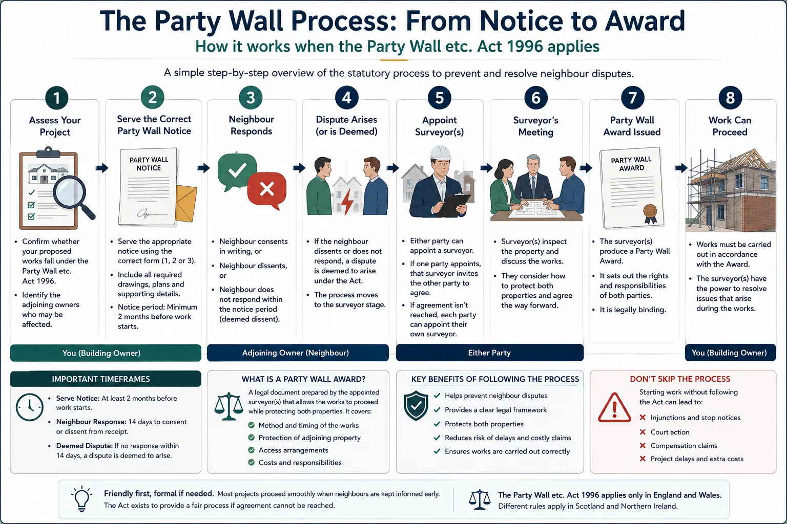 Do I Need a Party Wall Agreement? An infographic showing the party wall process from notice to award in a very interactive way for the citizens living in Bristol, UK