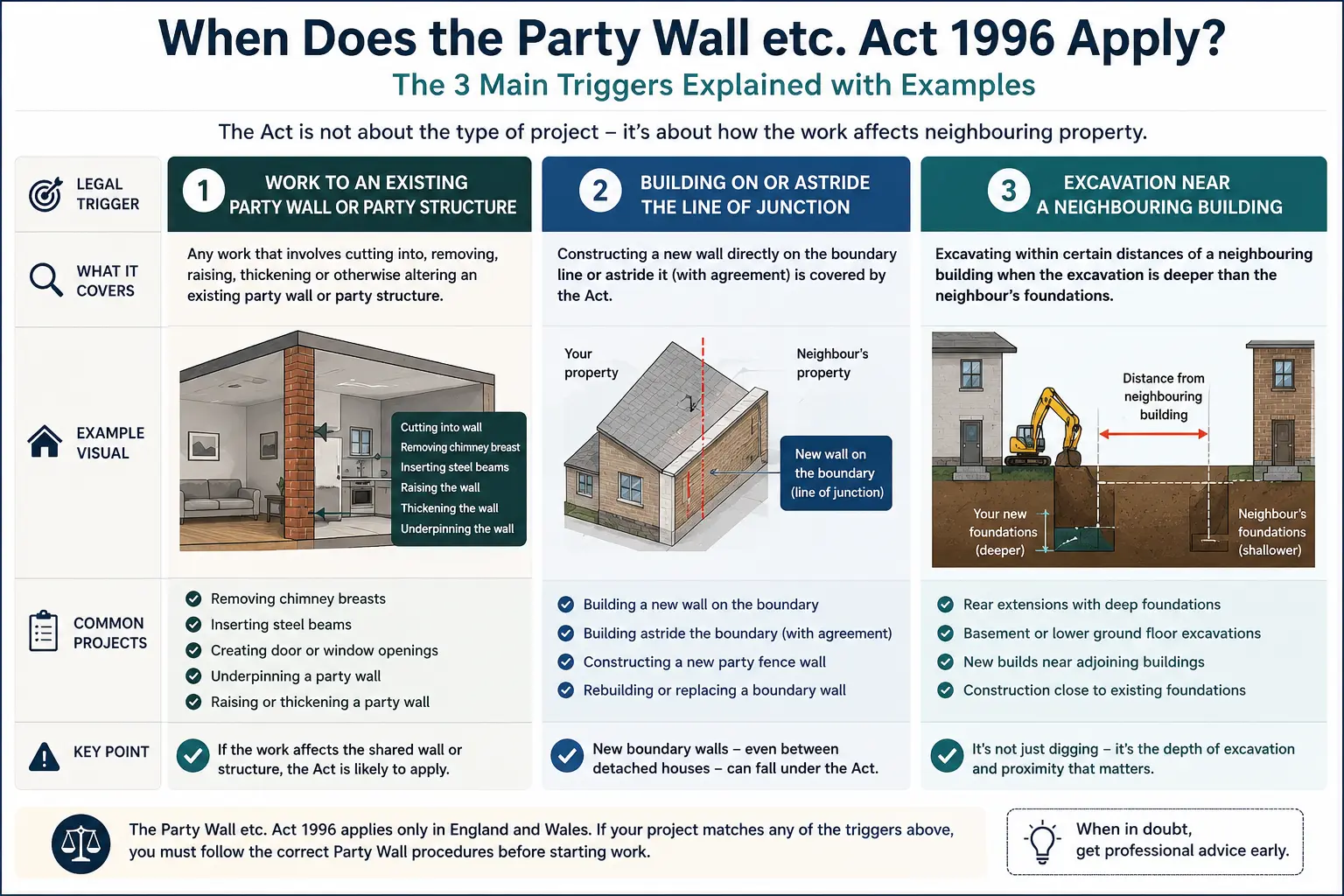 Do I Need a Party Wall Agreement? An infographic showing when does the party wall etc act 1996 apply like excavation, junction, painting, in Bristol, UK
